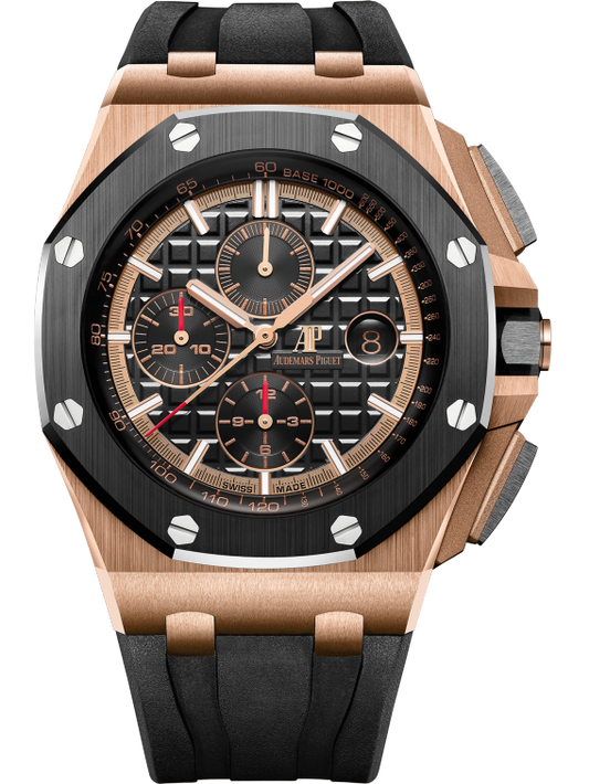 Royal Oak Offshore Selfwinding Chronograph 44MM Black Rubber Strap Black Dial With Mega Tapisserie Pattern 18-Carat Pink Gold Case Black Ceramic Bezel