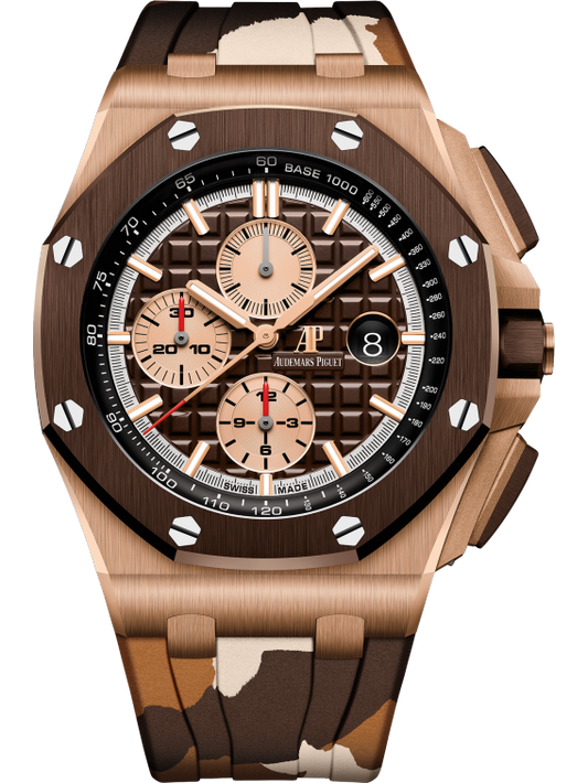 Royal Oak Offshore Selfwinding Chronograph 44MM Brown Camouflage Rubber Strap Brown Dial With Méga Tapisserie Pattern 18-Carat Pink Gold Case Brown Ceramic Bezel