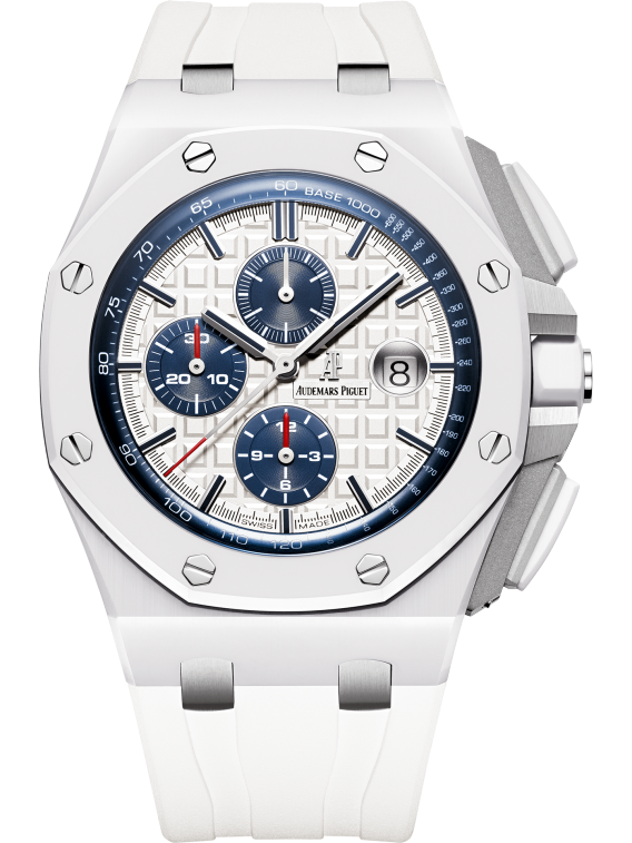 Royal Oak Offshore Chronograph 44MM White Rubber Strap Light Silver-Toned Dial With Méga Tapisserie Pattern White Ceramic Case and Bezel