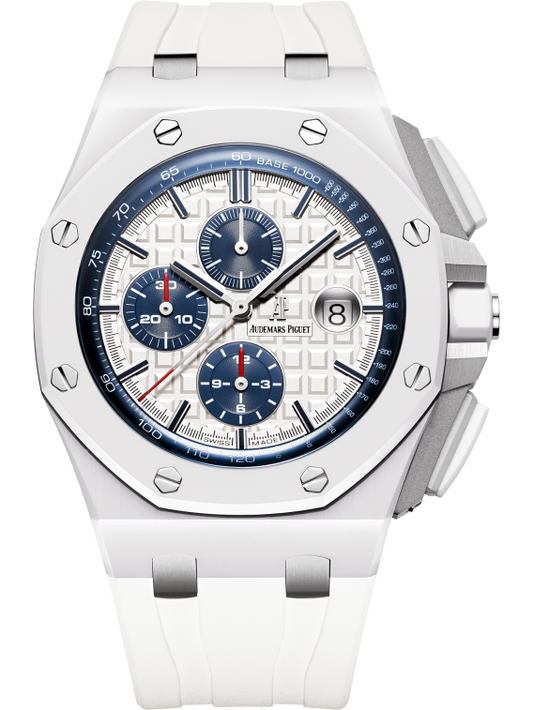 Royal Oak Offshore Chronograph 44MM White Rubber Strap Light Silver-Toned Dial With Méga Tapisserie Pattern White Ceramic Case and Bezel