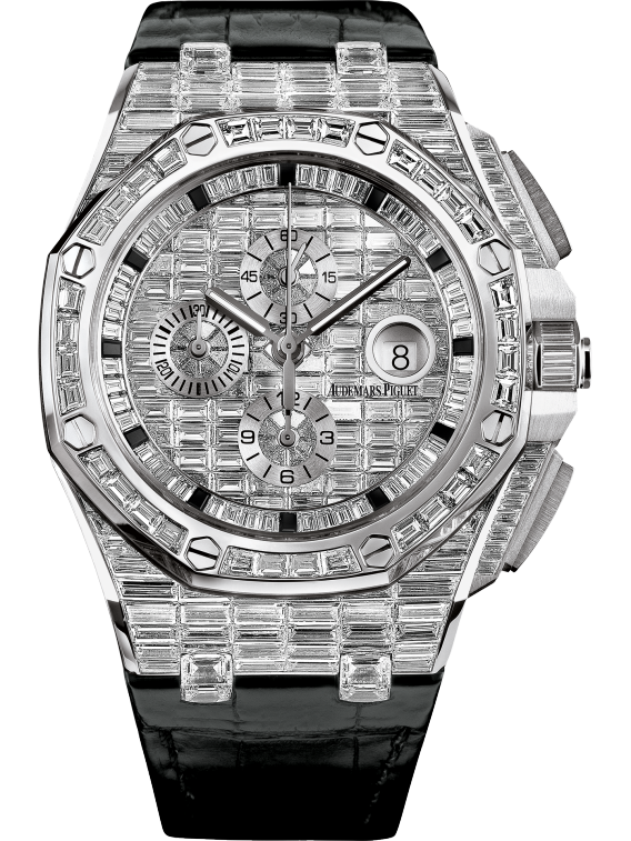 Royal Oak Offshore Chronograph 44MM Black Alligator Strap 18-Carat White Gold Dial Paved With Baguette-Cut Diamonds 18-Carat White Gold Case Entirely Set With Baguette-Cut Diamonds