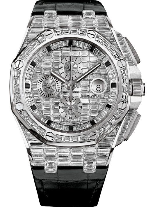 Royal Oak Offshore Chronograph 44MM Black Alligator Strap 18-Carat White Gold Dial Paved With Baguette-Cut Diamonds 18-Carat White Gold Case Entirely Set With Baguette-Cut Diamonds