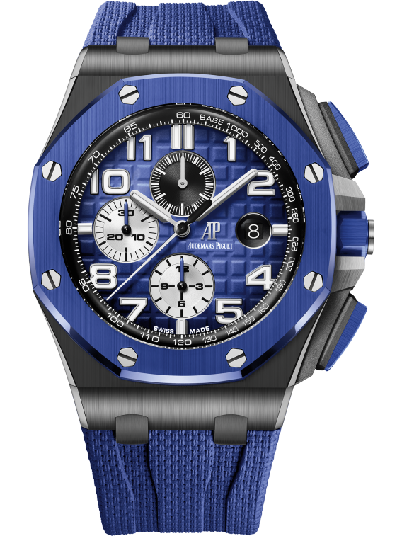 Royal Oak Offshore Selfwinding Chronograph 44MM Blue Rubber Strap With Textile Decoration Smoked Blue Dial With Mega Tapisserie Pattern Black Ceramic Case Blue Ceramic Bezel