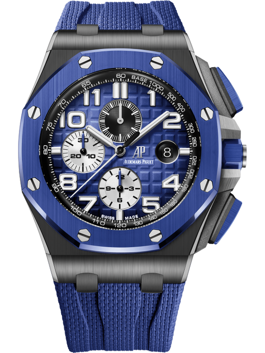 Royal Oak Offshore Selfwinding Chronograph 44MM Blue Rubber Strap With Textile Decoration Smoked Blue Dial With Mega Tapisserie Pattern Black Ceramic Case Blue Ceramic Bezel