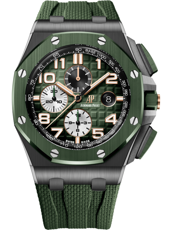 Royal Oak Offshore Selfwinding Chronograph 44MM Green Rubber Strap With Textile Decoration Smoked Green Dial With Mega Tapisserie Pattern Black Ceramic Case Green Ceramic Bezel