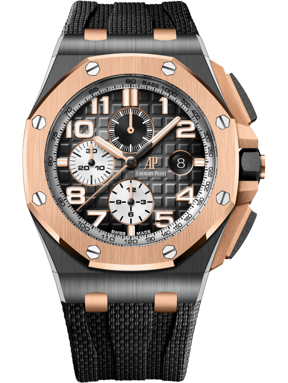 Royal Oak Offshore Selfwinding Chronograph 44MM Grey Rubber Strap With Textile Decoration Smoked Grey Dial With Mega Tapisserie Pattern Black Ceramic Case 18-Carat Pink Gold Bezel