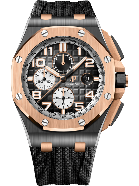 Royal Oak Offshore Selfwinding Chronograph 44MM Grey Rubber Strap With Textile Decoration Smoked Grey Dial With Mega Tapisserie Pattern Black Ceramic Case 18-Carat Pink Gold Bezel