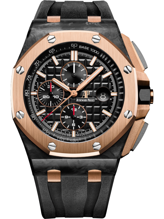 Royal Oak Offshore Chronograph Qe II Cup 2016 44MM Black Rubber Strap Black Dial With Méga Tapisserie Pattern Forged Carbon Case 18-Carat Pink Gold Bezel