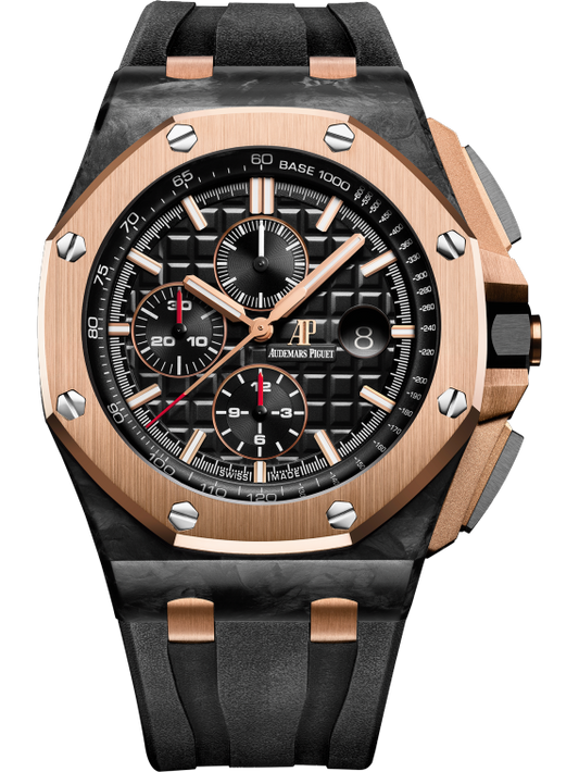 Royal Oak Offshore Chronograph Qe II Cup 2016 44MM Black Rubber Strap Black Dial With Méga Tapisserie Pattern Forged Carbon Case 18-Carat Pink Gold Bezel