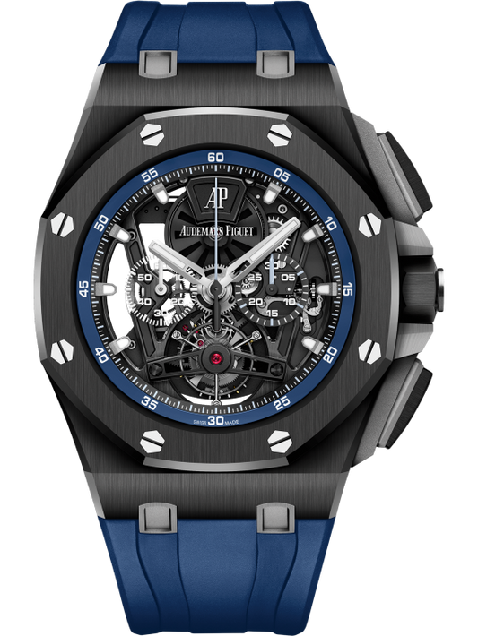 Royal Oak Offshore Tourbillon Chronograp 44MM Blue Rubber Strap Sapphire Dial Black Ceramic Case