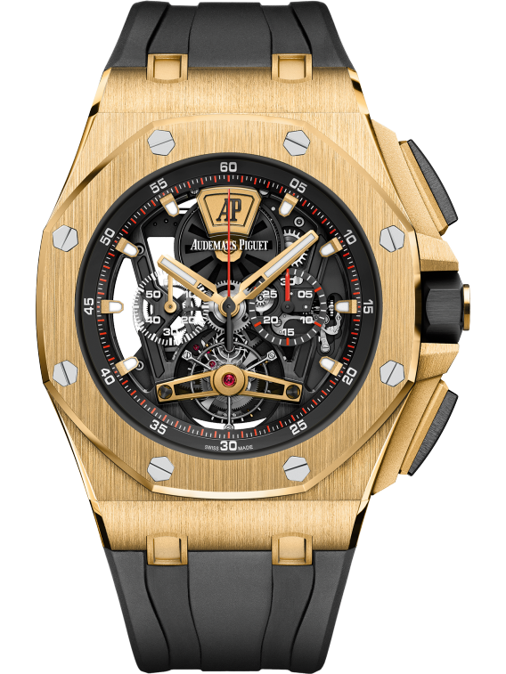 Royal Oak Offshore Tourbillon Chronograph 44MM Black Rubber Strap Sapphire Dial 18-Carat Yellow Gold Case and Bezel