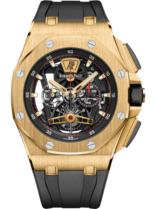 Royal Oak Offshore Tourbillon Chronograph 44MM Black Rubber Strap Sapphire Dial 18-Carat Yellow Gold Case and Bezel