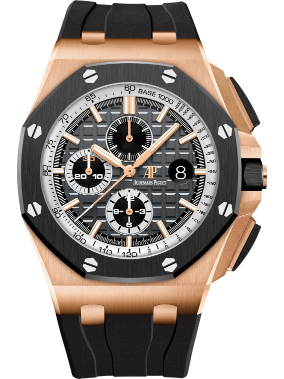 Royal Oak Offshore Chronograph 44MM Black Rubber Strap Black and White Dial With Méga Tapisserie Pattern 18-Carat Pink Gold Case Black Ceramic Bezel