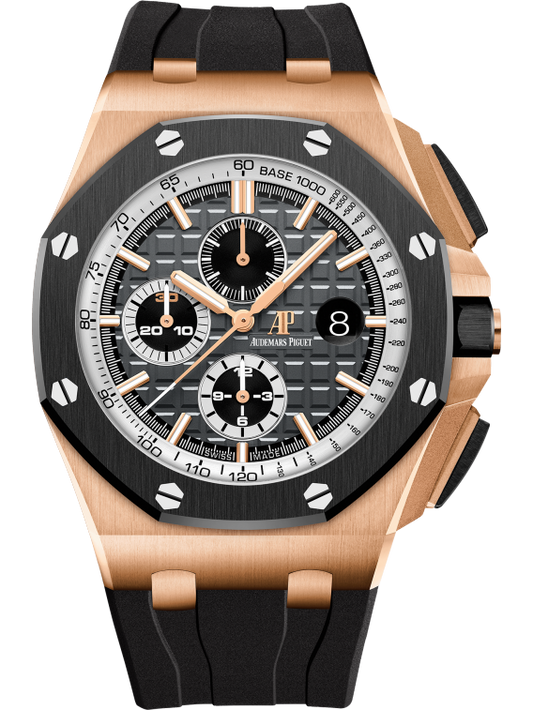 Royal Oak Offshore Chronograph 44MM Black Rubber Strap Black and White Dial With Méga Tapisserie Pattern 18-Carat Pink Gold Case Black Ceramic Bezel