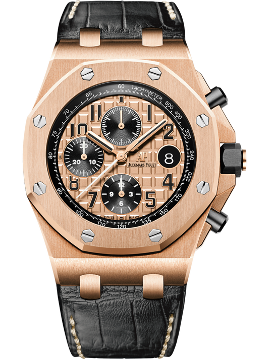 Royal Oak Offshore Chronograph 42MM Black Alligator Strap Pink Gold-Toned Dial With Méga Tapisserie Pattern 18-Carat Pink Gold Case