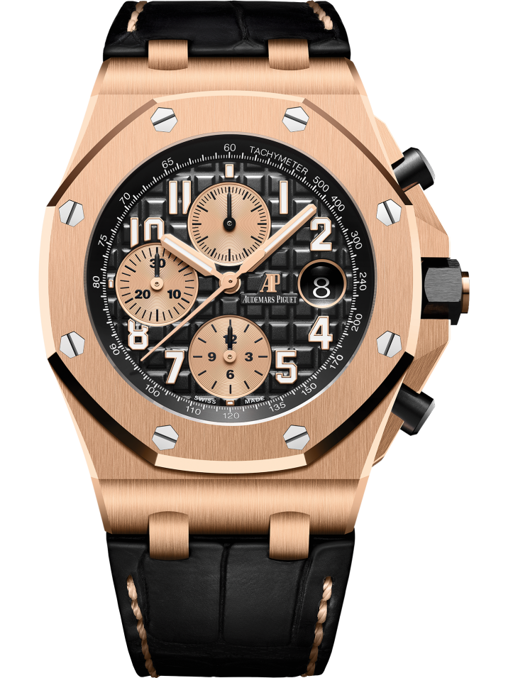 Royal Oak Offshore Selfwinding Chronograph 42MM Black Alligator Strap Black Dial With Méga Tapisserie Pattern 18-Carat Pink Gold Case