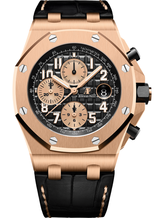 Royal Oak Offshore Selfwinding Chronograph 42MM Black Alligator Strap Black Dial With Méga Tapisserie Pattern 18-Carat Pink Gold Case