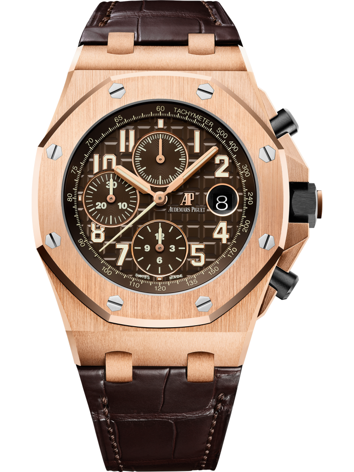 Royal Oak Offshore Selfwinding Chronograph 42MM Brown Alligator Strap Brown Dial With Méga Tapisserie Pattern 18-Carat Pink Gold Case