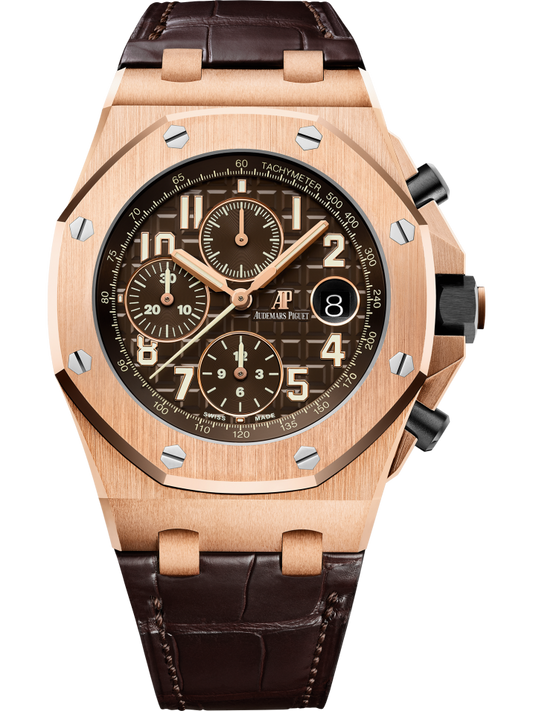 Royal Oak Offshore Selfwinding Chronograph 42MM Brown Alligator Strap Brown Dial With Méga Tapisserie Pattern 18-Carat Pink Gold Case