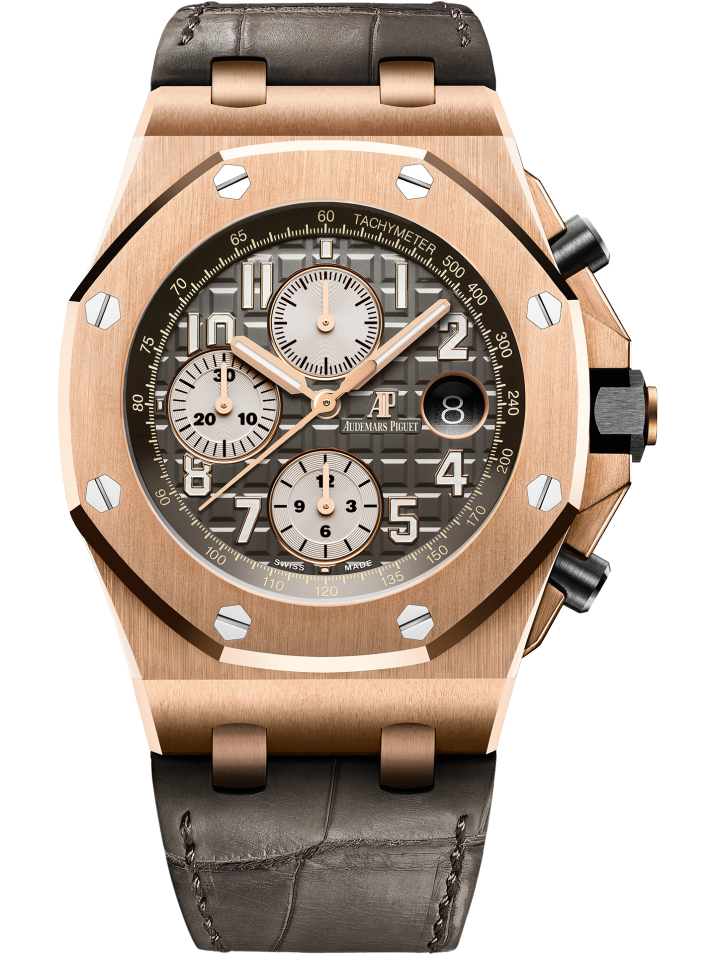 Royal Oak Offshore Selfwinding Chronograph 42MM Grey Alligator Strap Grey Ruthenium-Toned Dial With Méga Tapisserie Pattern 18-Carat Pink Gold Case