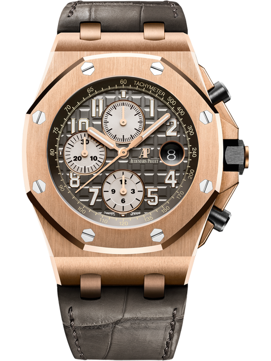 Royal Oak Offshore Selfwinding Chronograph 42MM Grey Alligator Strap Grey Ruthenium-Toned Dial With Méga Tapisserie Pattern 18-Carat Pink Gold Case