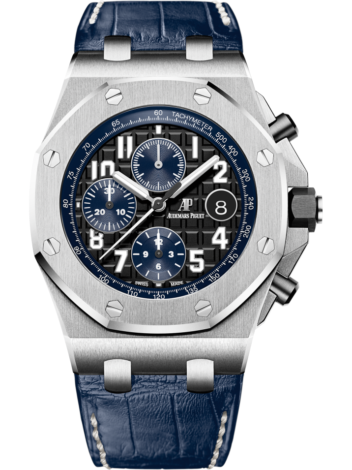 Royal Oak Offshore Chronograph 42MM Blue Alligator Strap Black Dial With Méga Tapisserie Pattern Stainless Steel Case