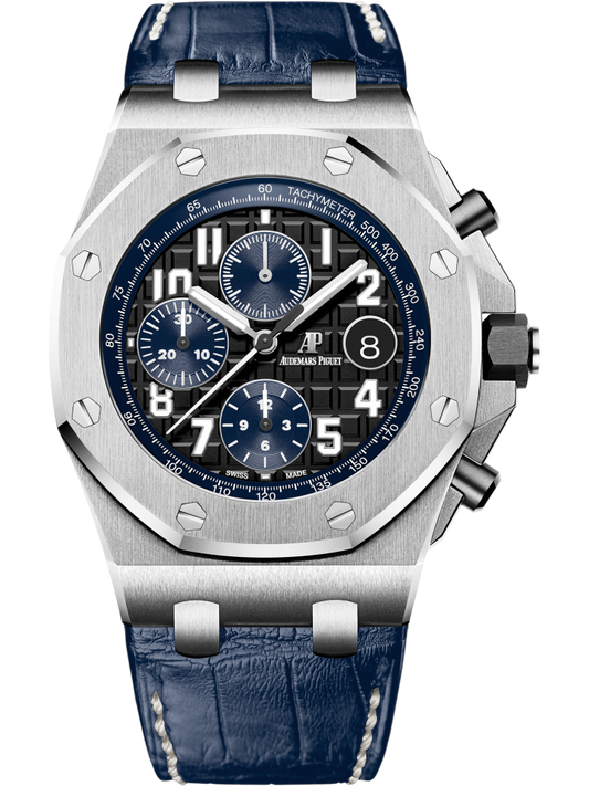 Royal Oak Offshore Chronograph 42MM Blue Alligator Strap Black Dial With Méga Tapisserie Pattern Stainless Steel Case