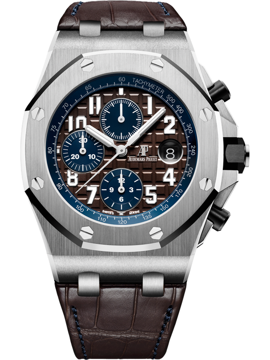 Royal Oak Offshore Selfwinding Chronograph 42MM Brown Alligator Strap Brown Dial With Méga Tapisserie Pattern Stainless Steel Case