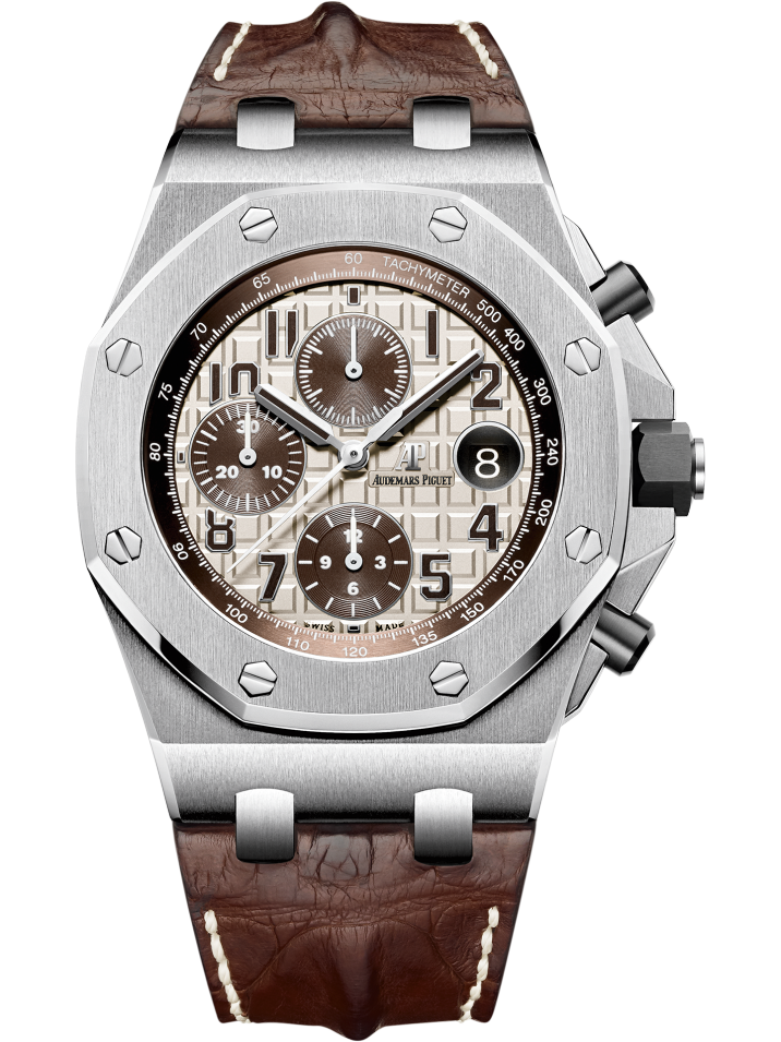 Royal Oak Offshore Chronograph 42MM Brown Alligator Strap Ivory-Toned Dial With Méga Tapisserie Pattern Stainless Steel Case