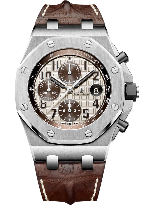 Royal Oak Offshore Chronograph 42MM Brown Alligator Strap Ivory-Toned Dial With Méga Tapisserie Pattern Stainless Steel Case