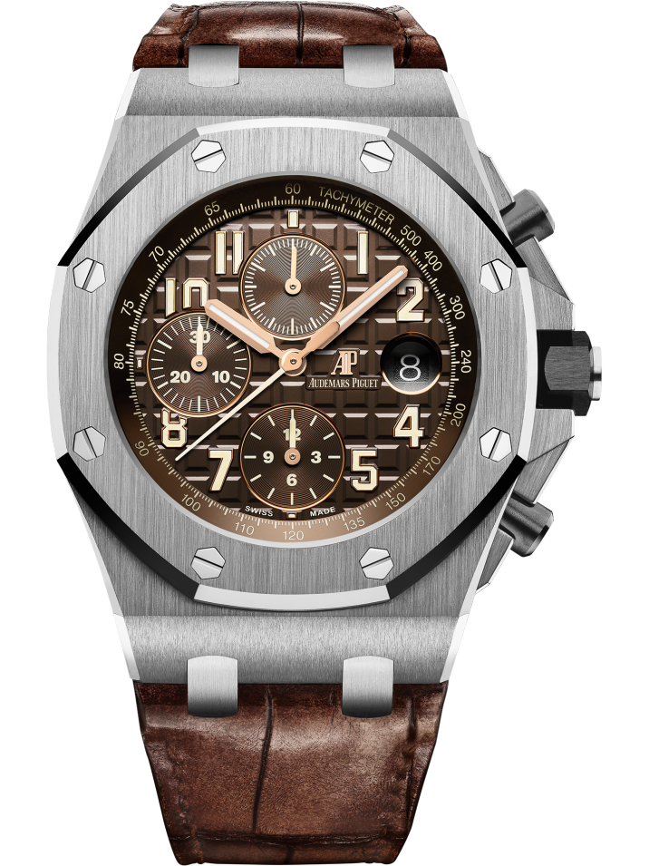 Royal Oak Offshore Chronograph 42MM Brown Alligator Strap Brown Dial With Méga Tapisserie Pattern Stainless Steel Case