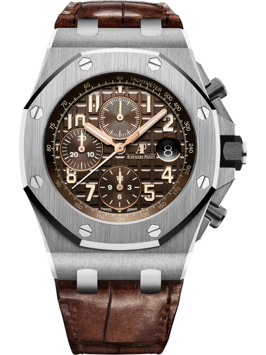 Royal Oak Offshore Chronograph 42MM Brown Alligator Strap Brown Dial With Méga Tapisserie Pattern Stainless Steel Case