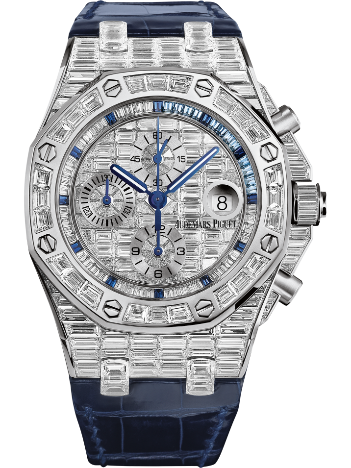 Royal Oak Offshore Chronograph 42MM Blue Alligator Strap 18-Carat White Gold Dial Paved With Baguette-Cut Diamonds 18-Carat White Gold Case Entirely Set With Baguette-Cut Diamonds