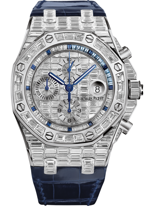 Royal Oak Offshore Chronograph 42MM Blue Alligator Strap 18-Carat White Gold Dial Paved With Baguette-Cut Diamonds 18-Carat White Gold Case Entirely Set With Baguette-Cut Diamonds