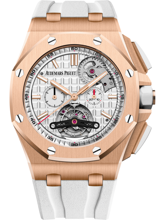 Royal Oak Offshore Tourbillon Chronograph Selfwinding 44MM White Rubber Strap Silver-Toned Dial With Méga Tapisserie Pattern 18-Carat Pink Gold Case