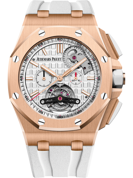 Royal Oak Offshore Tourbillon Chronograph Selfwinding 44MM White Rubber Strap Silver-Toned Dial With Méga Tapisserie Pattern 18-Carat Pink Gold Case