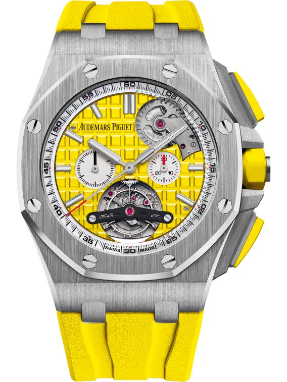 Royal Oak Offshore Tourbillon Chronograph Selfwinding 44MM Yellow Rubber Strap Yellow Dial With Méga Tapisserie Pattern Stainless Steel Case