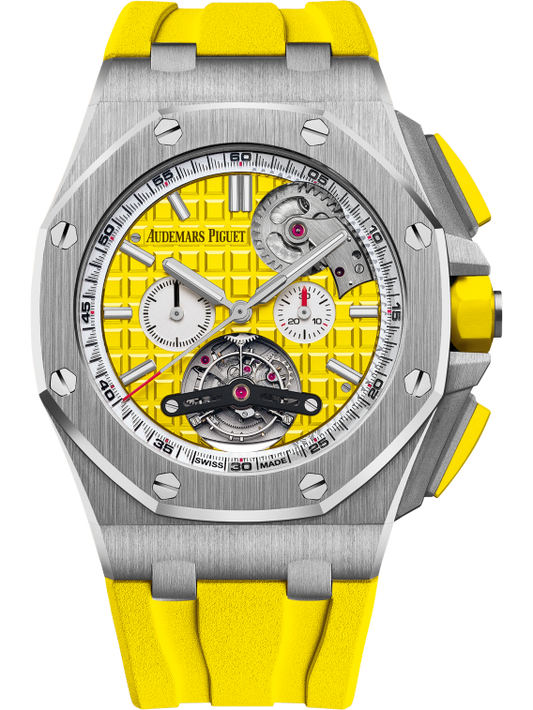 Royal Oak Offshore Tourbillon Chronograph Selfwinding 44MM Yellow Rubber Strap Yellow Dial With Méga Tapisserie Pattern Stainless Steel Case