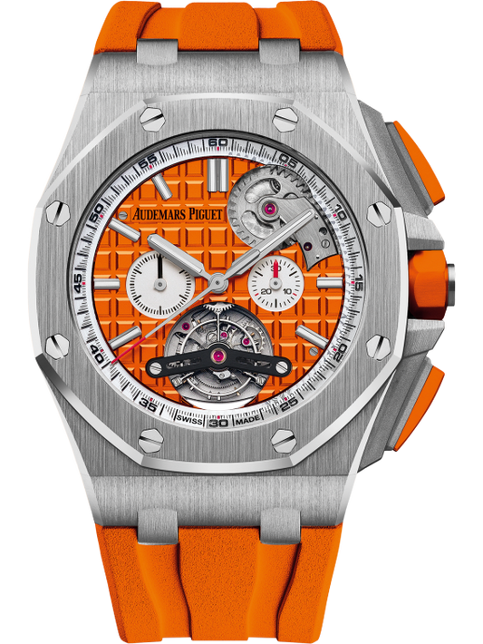 Royal Oak Offshore Tourbillon Chronograph Selfwinding 44MM Orange Rubber Strap Orange Dial With Méga Tapisserie Pattern Stainless Steel Case