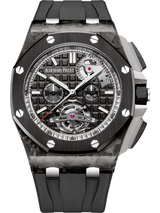 Royal Oak Offshore Tourbillon Chronograph 44MM Black Rubber Black Dial With Méga Tapisserie Pattern Forged Carbon Case Black Ceramic Bezel