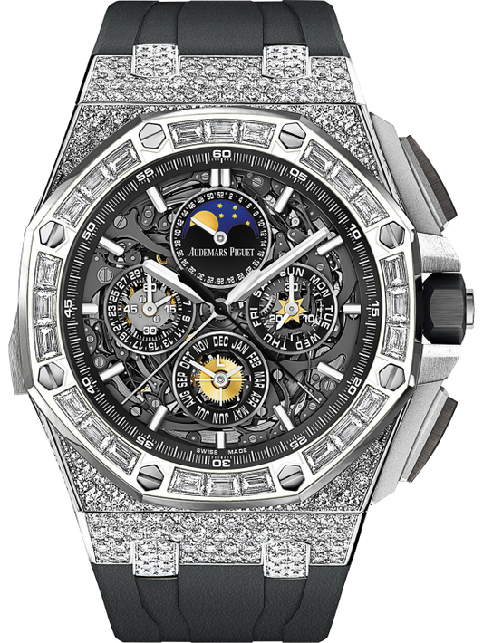 Royal Oak Offshore Grande Complication Openworked 44MM Black Rubber Strap Sapphire Dial 18-Carat White Gold Case 18-Carat White Gold Bezel Set With Baguette-Cut Diamonds