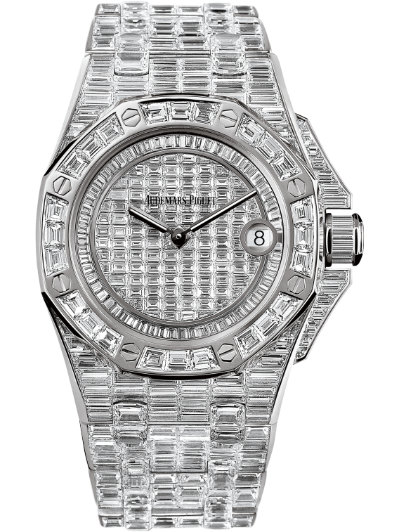 Royal Oak Offshore Quartz 37MM 18-Carat White Gold Bracelet 18-Carat White Gold Dial 18-Carat White Gold Case Entirely Set With Baguette-Cut Diamonds