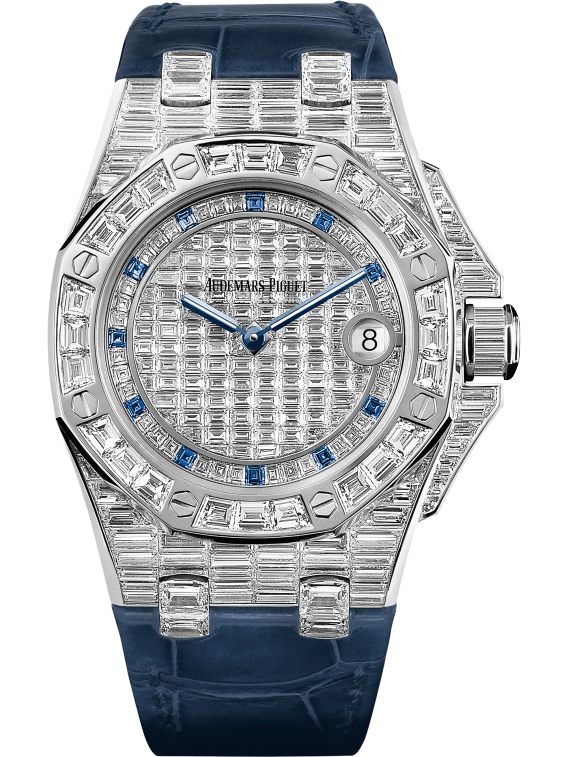 Royal Oak Offshore Quartz 37MM Blue Alligator Strap 18-Carat White Gold Dial Paved With Baguette-Cut Diamonds 18-Carat White Gold Case, Entirely Set With Baguette-Cut Diamonds