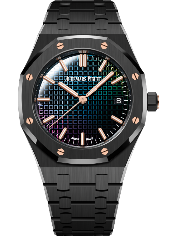 Royal Oak Selfwinding 34MM Black Ceramic Bracelet Rainbow-Coloured Sapphire Dial Tapisserie Geometry Black Ceramic Case