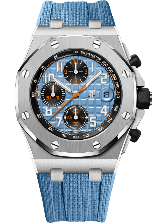 Royal Oak Offshore Selfwinding Chronograph 42MM Blue Rubber Strap With Textile Decoration Blue Dial With Méga Tapisserie Pattern Stainless Steel Case and Bezel