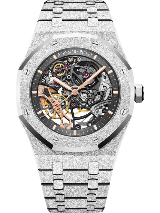 Royal Oak Frosted Gold Double Balance Wheel Openworked 41MM Hammered 18-Carat White Gold Bracelet Openworked Slate Grey Dial Hammered 18-Carat White Gold Case