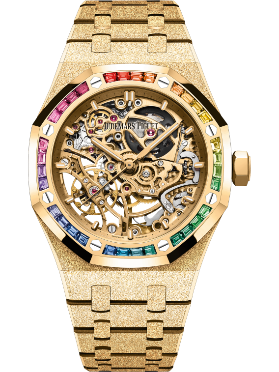 Royal Oak Frosted Gold Double Balance Wheel Openworked 37MM Hammered 18-Carat Yellow Gold Bracelet Yellow Gold-Toned Openworked Dial Hammered 18-Carat Yellow Gold Case